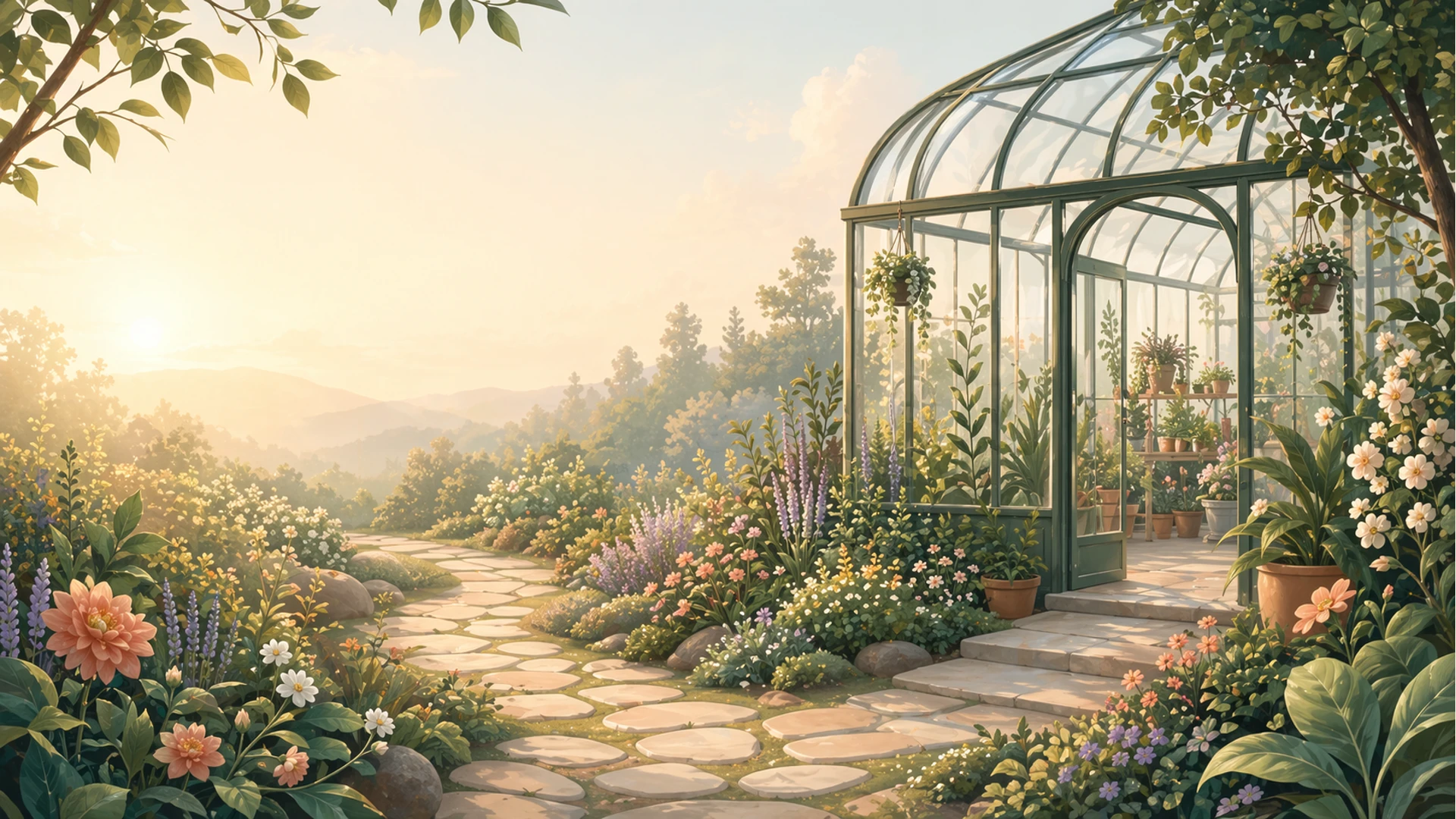 Sunlit greenhouse garden with a stone path and lush plants.